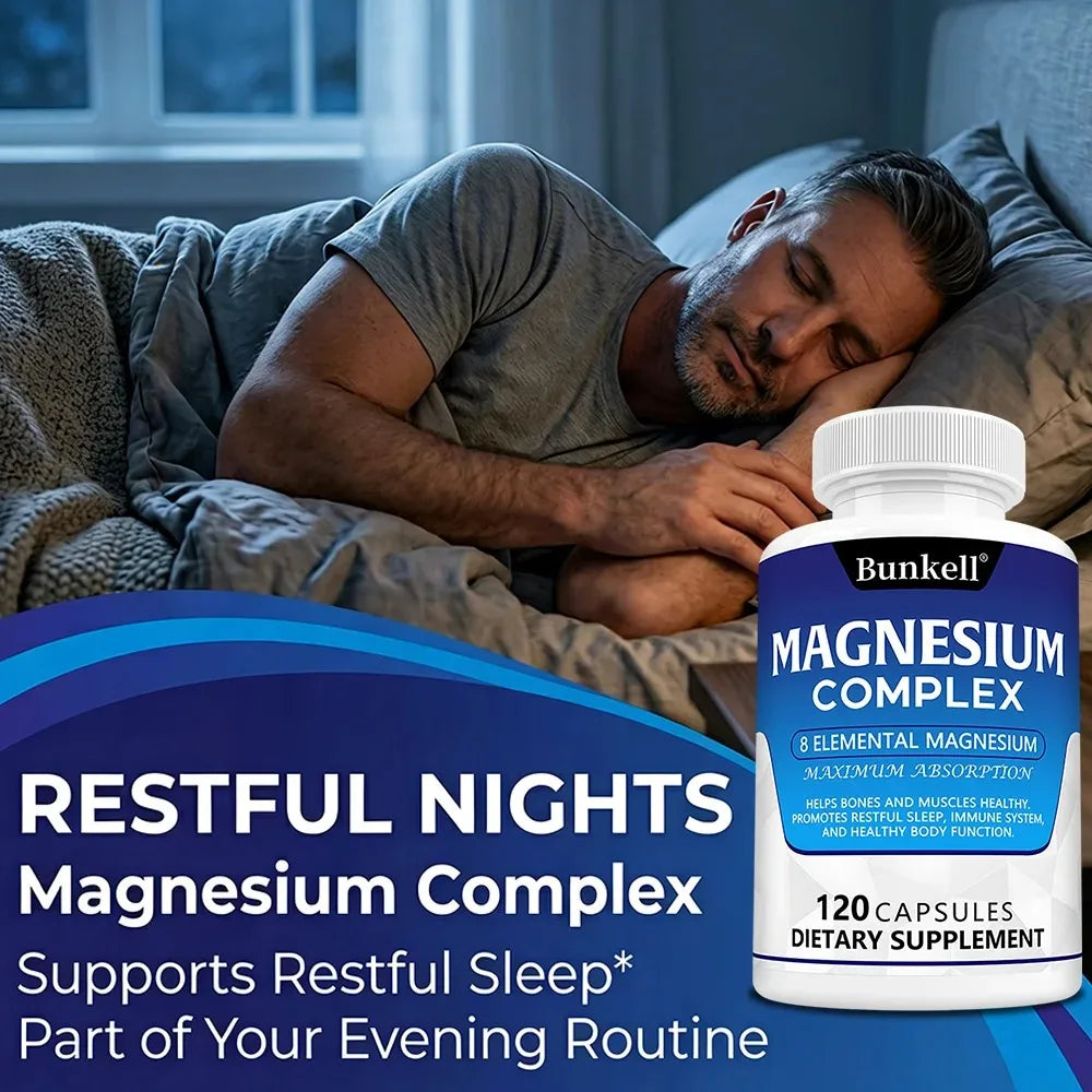 Magnesium Complex Supplement 8 Elemental 1000mg - for Bones, Muscle, Recovery, Energy, Vegan Non-GMO 120 Capsules