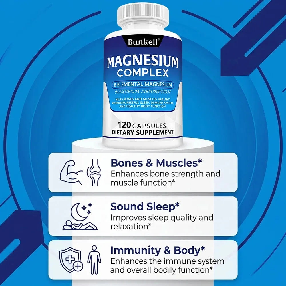 Magnesium Complex Supplement 8 Elemental 1000mg - for Bones, Muscle, Recovery, Energy, Vegan Non-GMO 120 Capsules